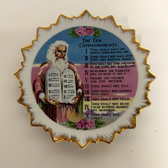 Ten Commandments Decorative Plate Gold Trim Moses Vintage Retro Home Decor 6in - Picture 1 of 4